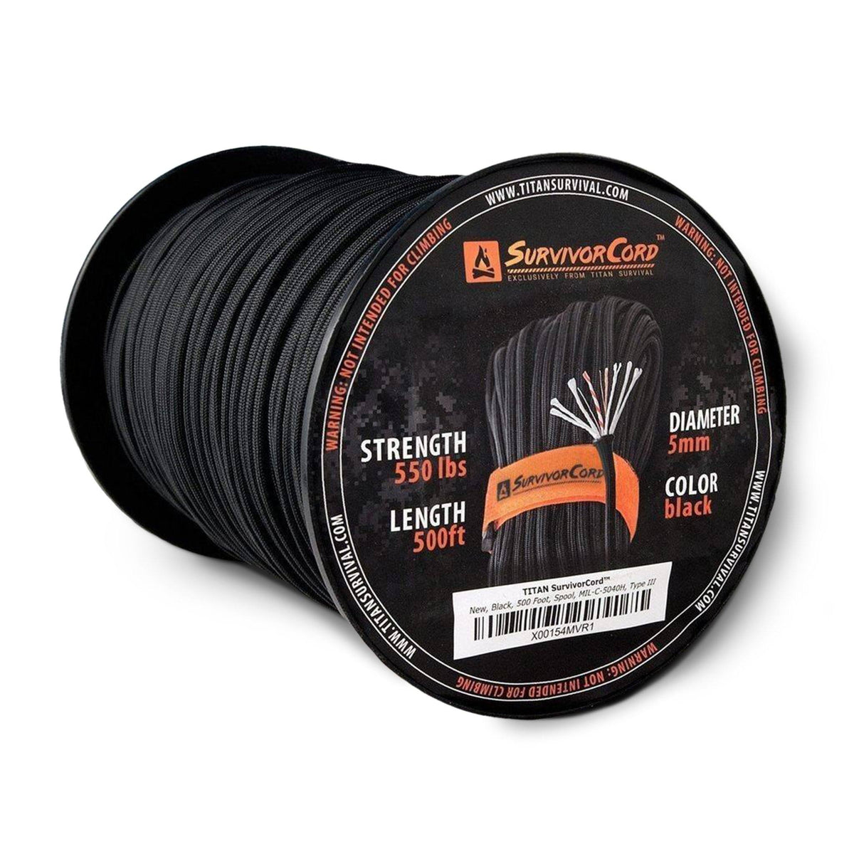 Black SurvivorCord 550 Paracord Spool – 500 ft Survival & Utility Cord